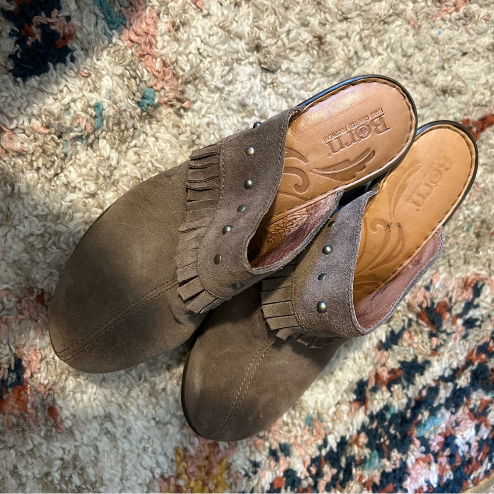 Borns Tancy Suede fringe mule clogs